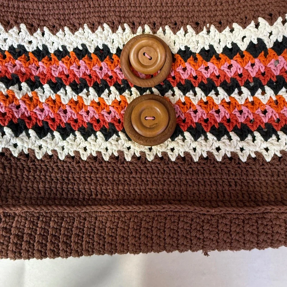 Vintage Handmade Crochet Handbag‎ Boho Hippie Purse Plastic Handles Retro
